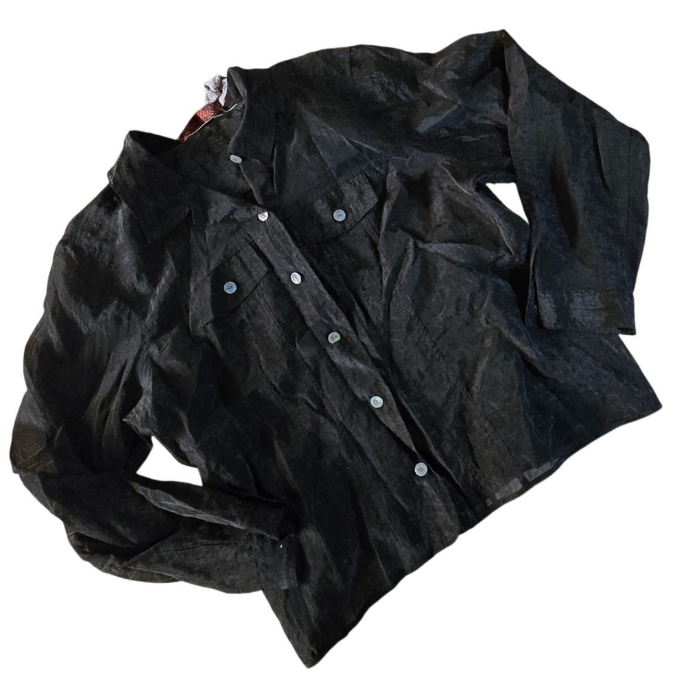 FRENCH LAUNDRY Black Sheer Burnout Floral Long Sleeve Button Up Shirt Women's L